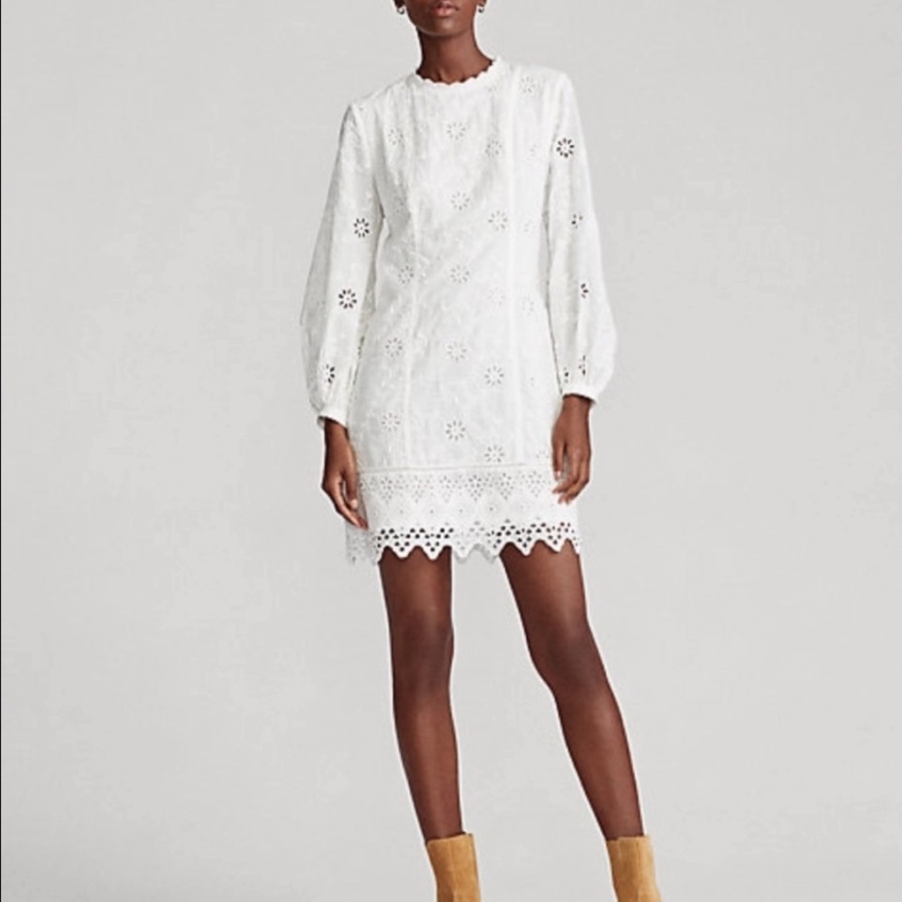 Polo Ralph Lauren White Embroidered Lace Boho Style Long Sleeve Mini Dress